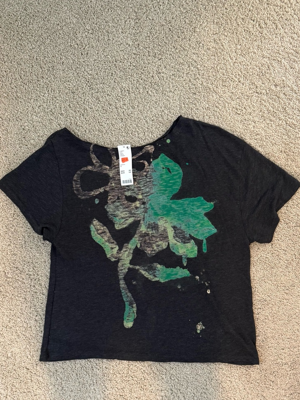 BDG Black Short-Sleeve Tee with Green Floral Graphic